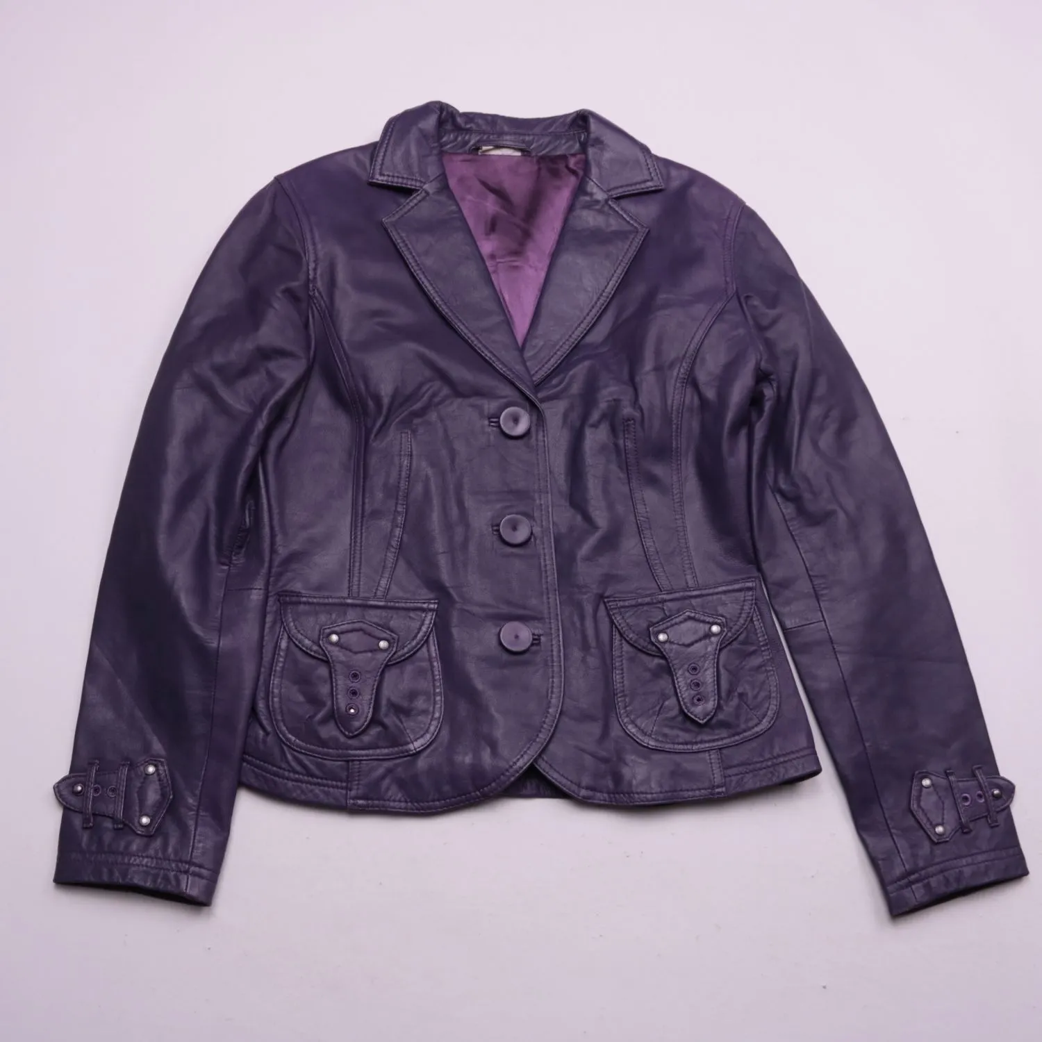 Фиолетовая кожаная куртка Street One на пуговицах, размер 46 (M)
